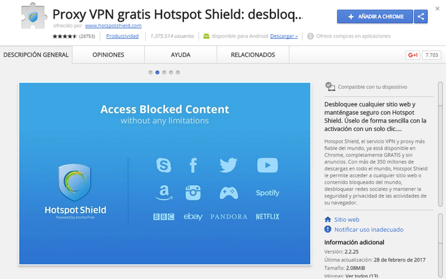 Hotspot Shield - Extensión Google Chrome