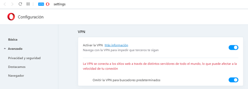 Opera VPN - Interfaz