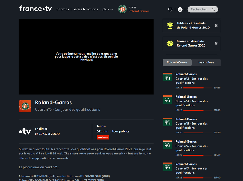 Roland Garros en France TV fuera de Francia, sin VPN