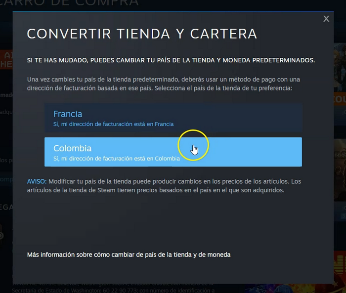 Cambio de región en Steam