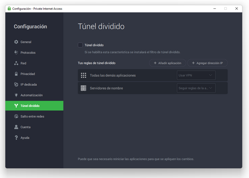 PIA VPN - Túnel dividido