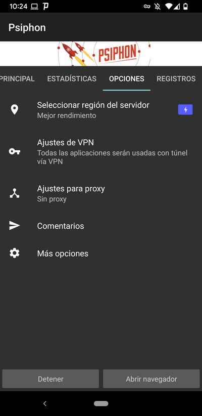 Psiphon - Opciones