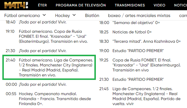 Programación de Match TV (canal ruso gratuito)