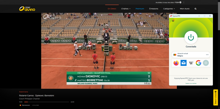 Roland Garros en RTBF fuera de Bélgica, con ExpressVPN