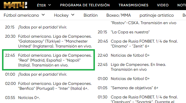 Real Madrid Napoli en Match TV
